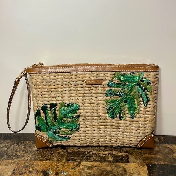 Michael Kors 🏝 MALIBU STRAW ZIP CLUTCH embroidered palm - Picture 3 of 15